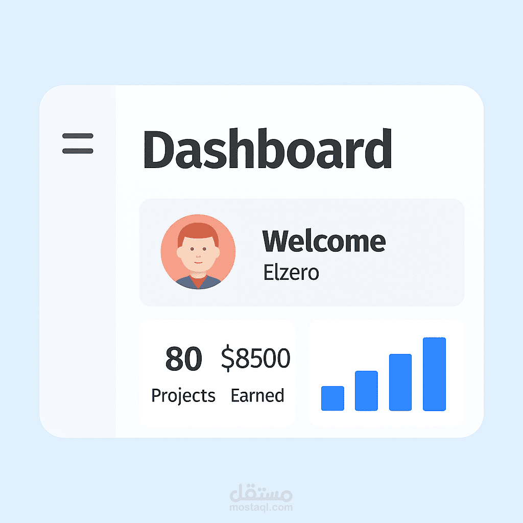لوحة تحكم مصممة بأسلوب واضح لعرض الإحصائيات والبيانات بشكل مباشر. التقنيات المستخدمة: HTML، CSS، JavaScript