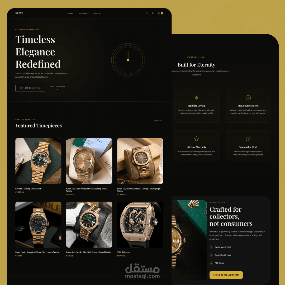 تصميم متجر إلكتروني فاخر لبيع الساعات السويسرية "ROLEX STYLE" باستخدام Shopify