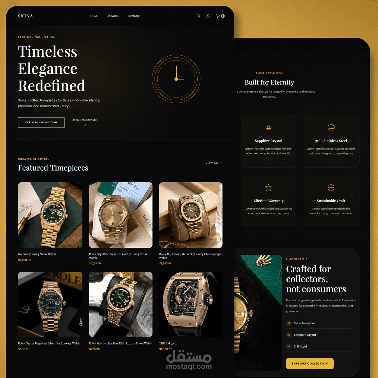 تصميم متجر إلكتروني فاخر لبيع الساعات السويسرية "ROLEX STYLE" باستخدام Shopify