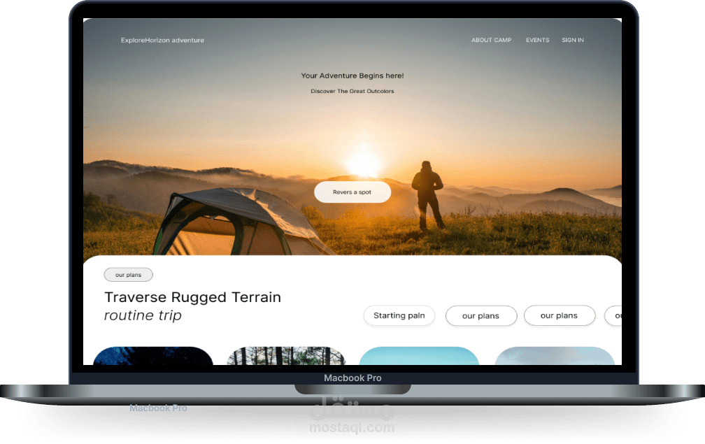 تصميم UI/UX لصفحة هبوط لموقع ويب تخييم ومغامرات في الولايات المتحدة