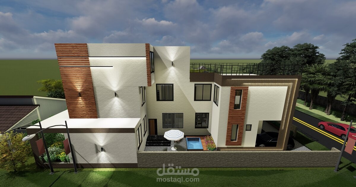 تصميم واجهه فيلا بالسعودية ببرنامج اسكتش اب و الليميون