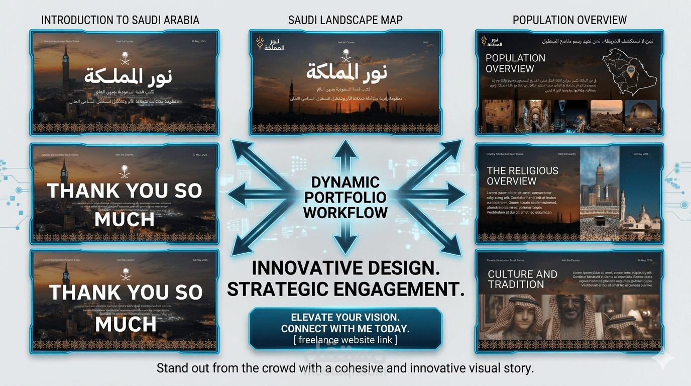 تصميم عرض تسويقي إبداعي (Pitch Deck) لمبادرة سياحية رقمية - نور المملكة
