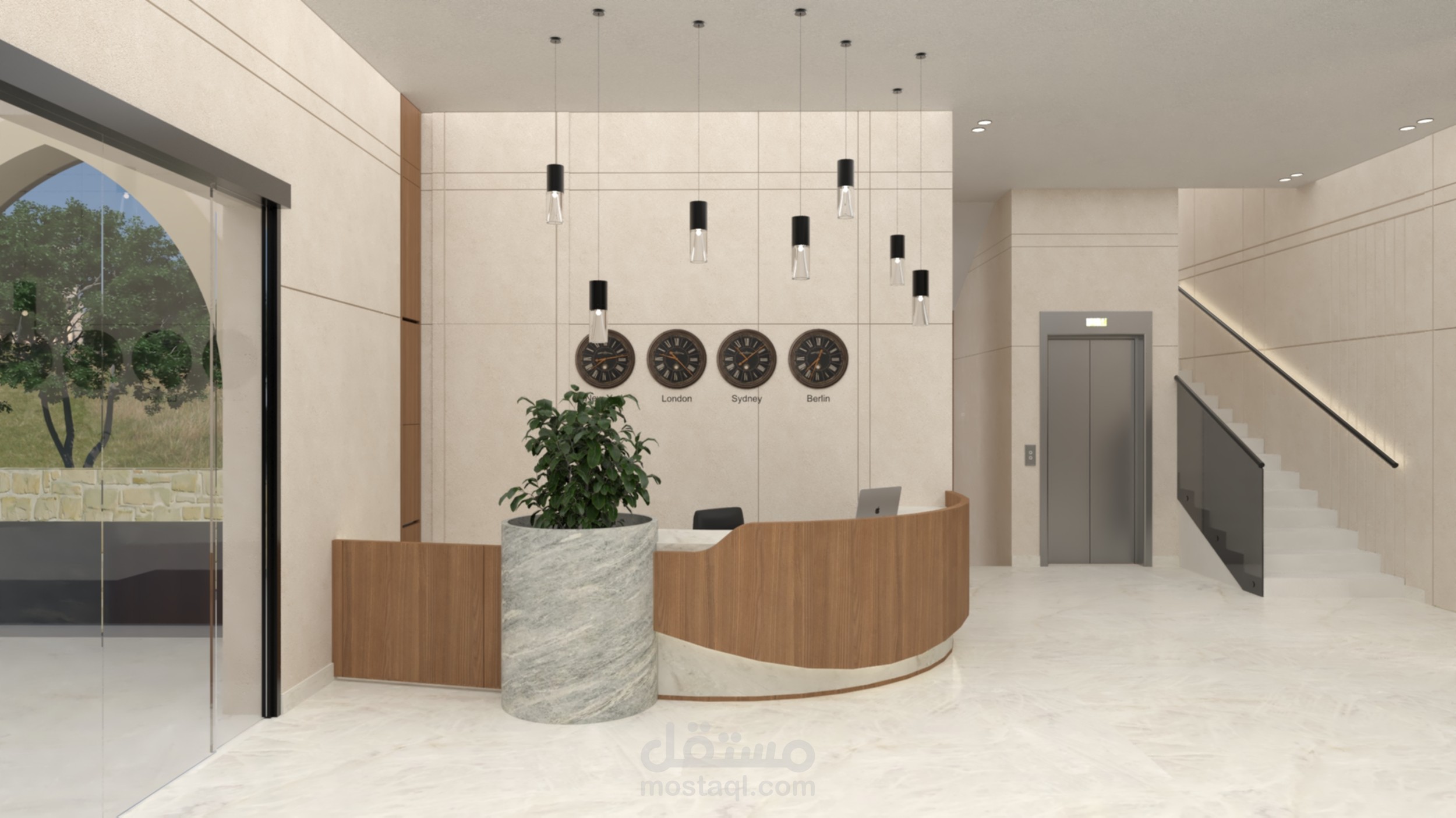 مدخل واستقبال فندق بتصميم عصري راقٍ