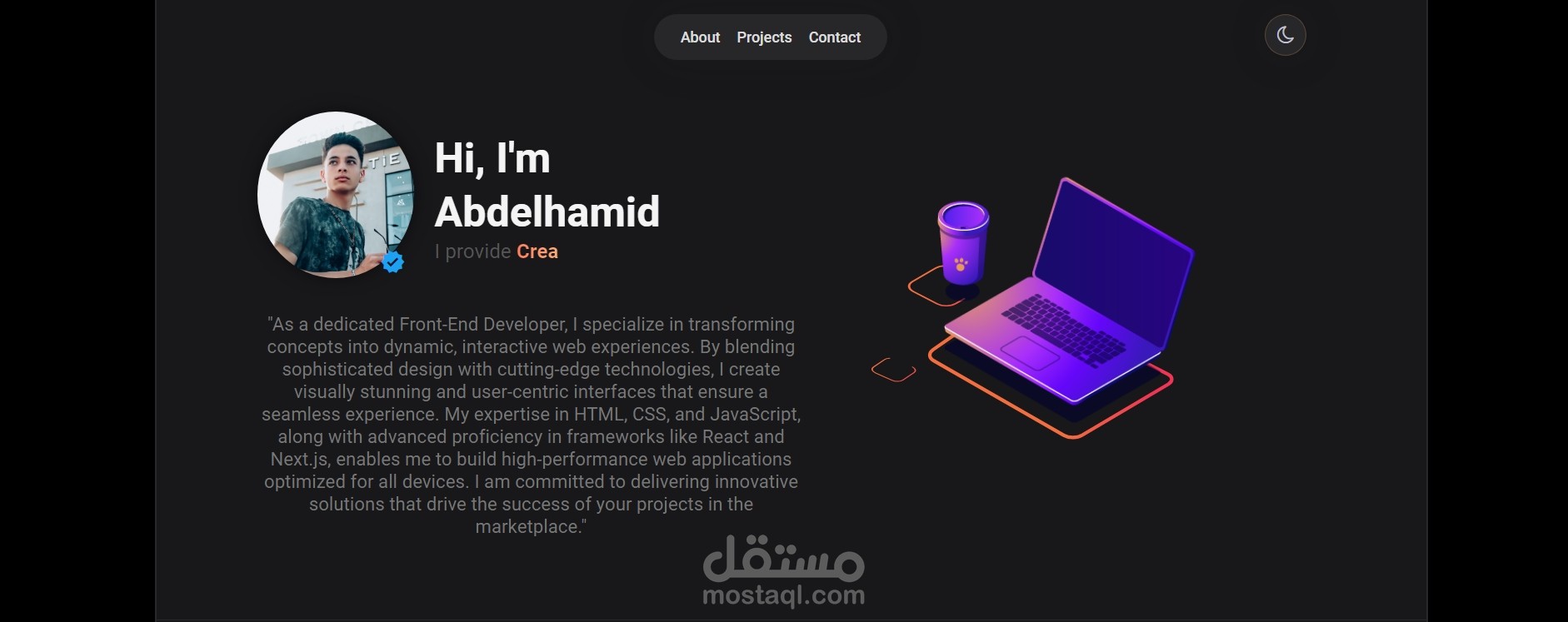 Portfolio - موقع شخصي احترافي يعرض السيرة الذاتية والأعمال بطريقة عصرية وجذابة.