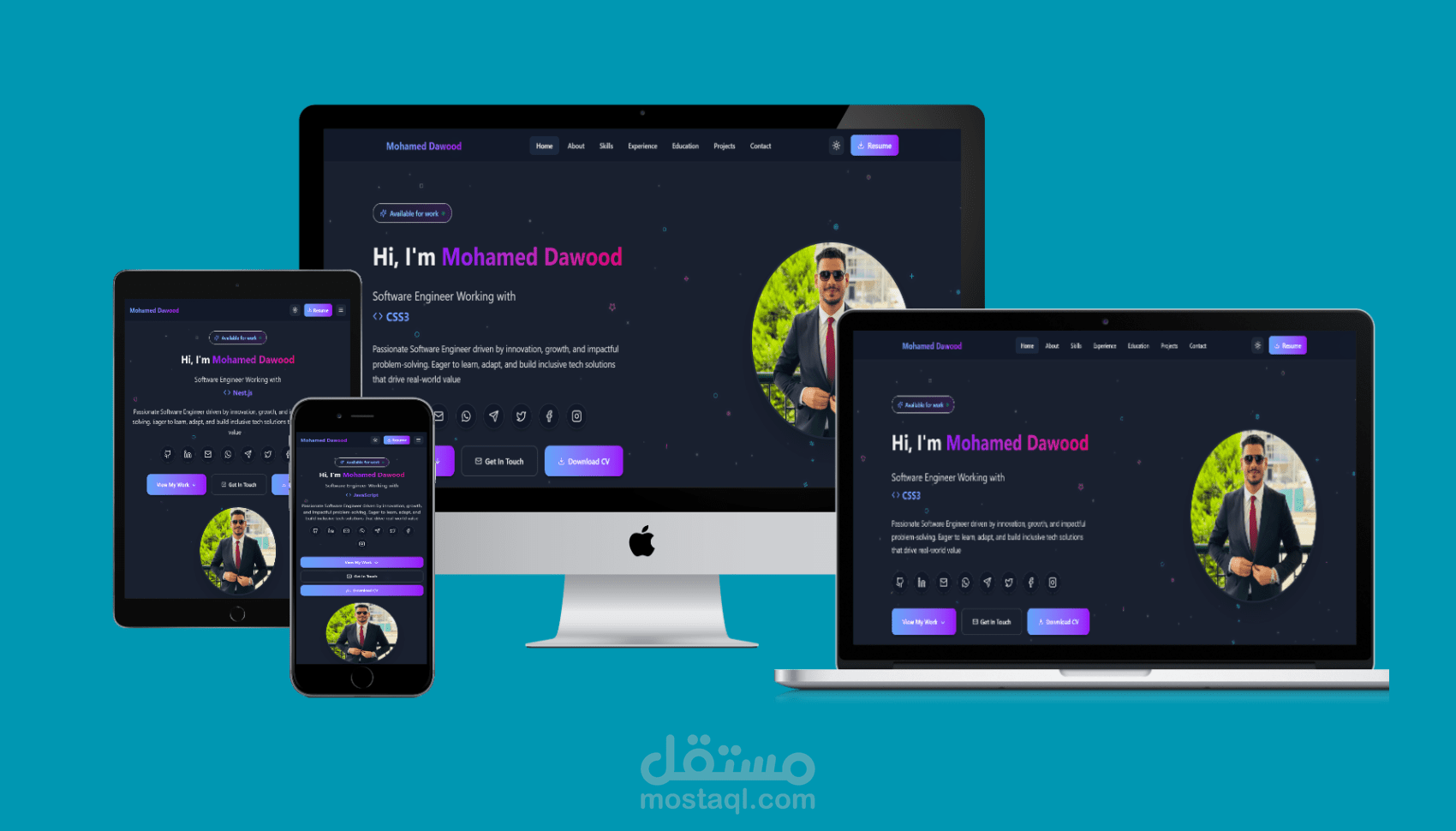 تصميم وتطوير موقع بورتفوليو شخصي سريع وخفيف ومتجاوب يعرض أعمالك وخبراتك باحترافية مع تكامل شبكات التواصل