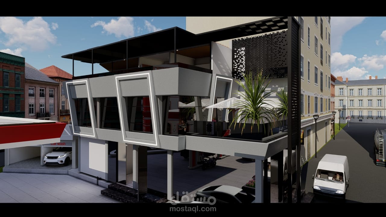 تصميم حديث لمقهى مع محطة وقود