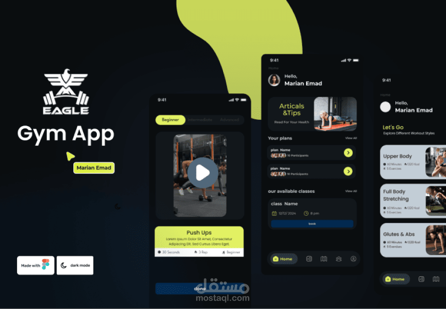 dark mode UI gym app design