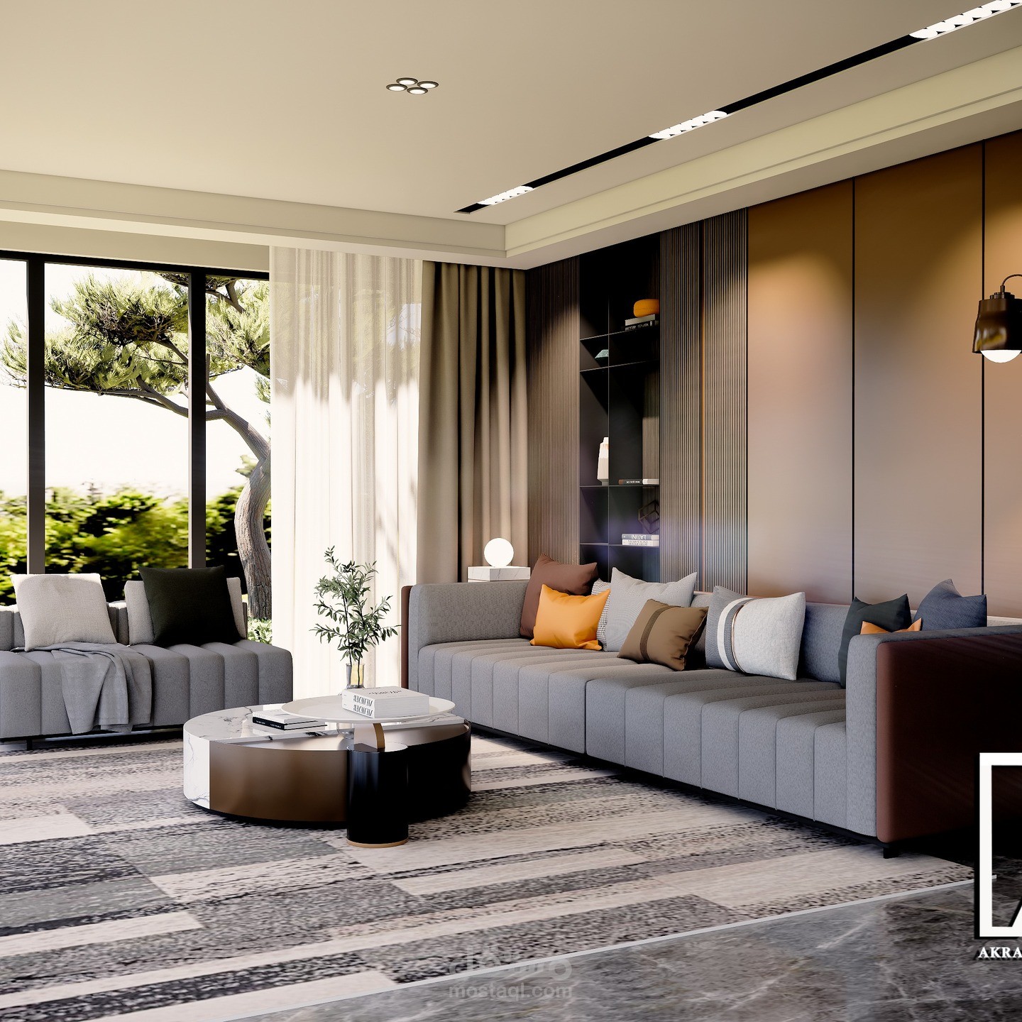 تصميم واخراج صالة معيشة على الطراز المودرن