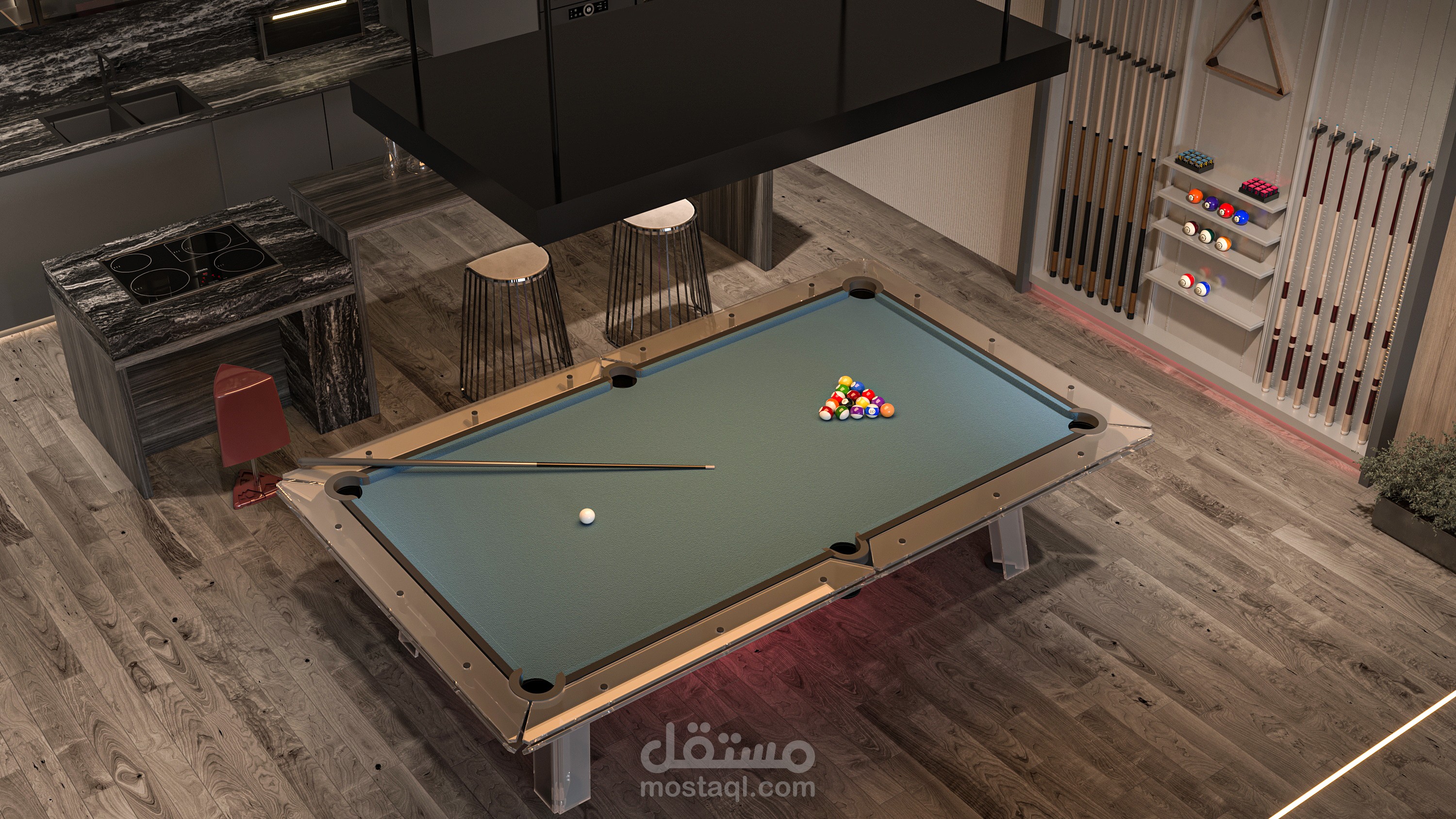 تصميم صاله جلوس وصاله العاب بطابع حديث