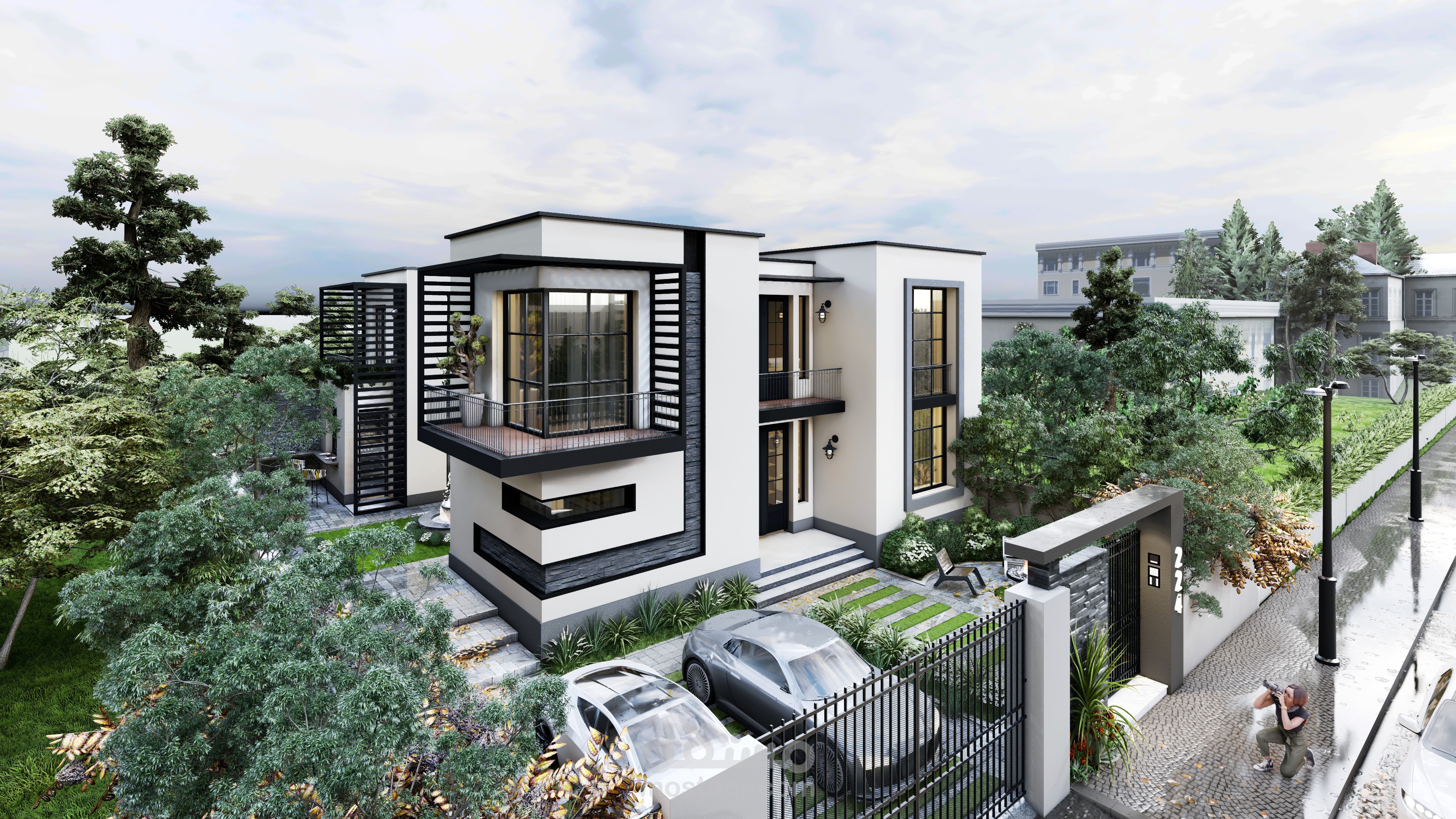 تصميم (3D) لواجهة فيلا مع حديقة مميزة