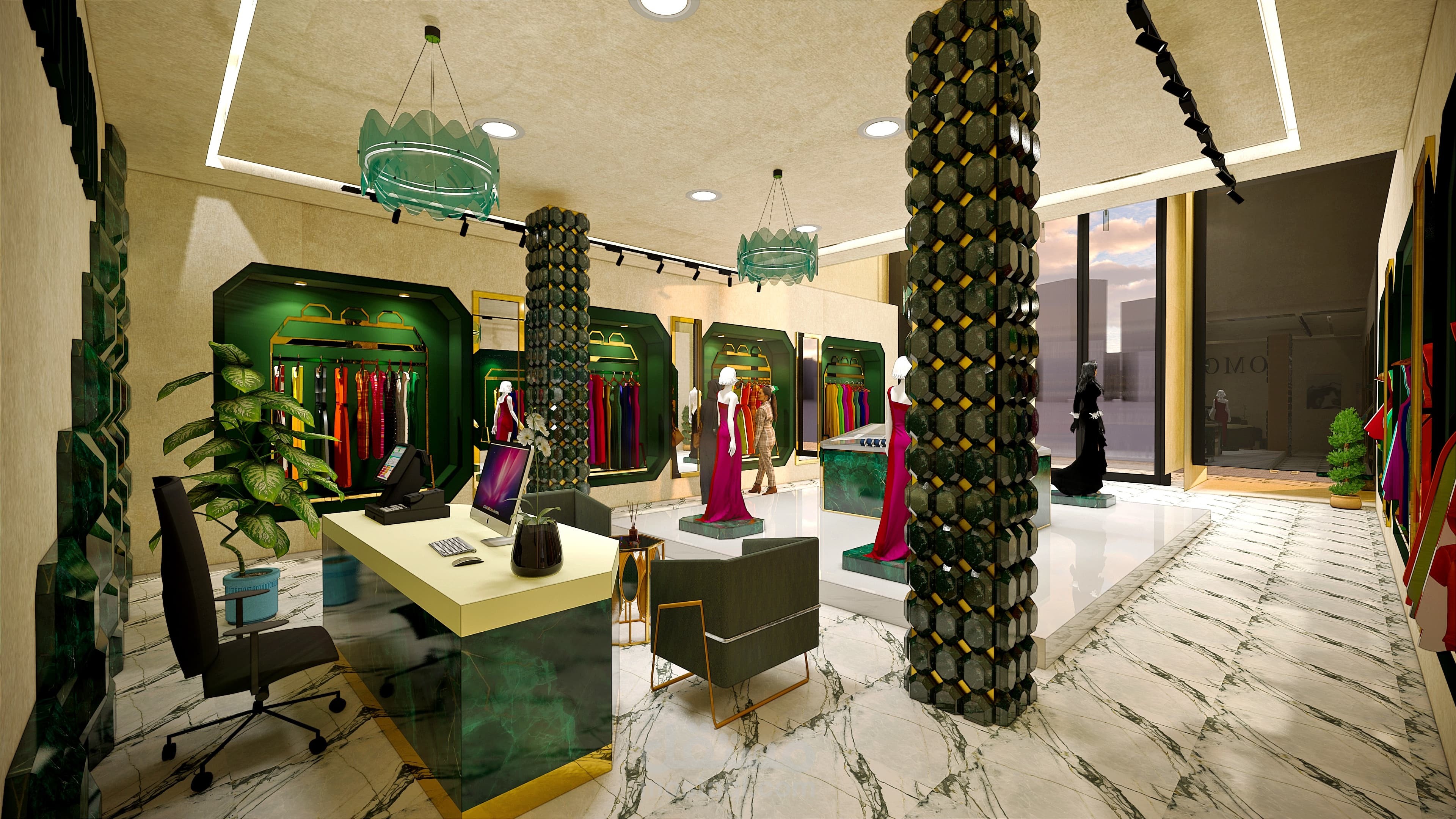 تصميم داخلي لمتجر فساتين واكسسوارات