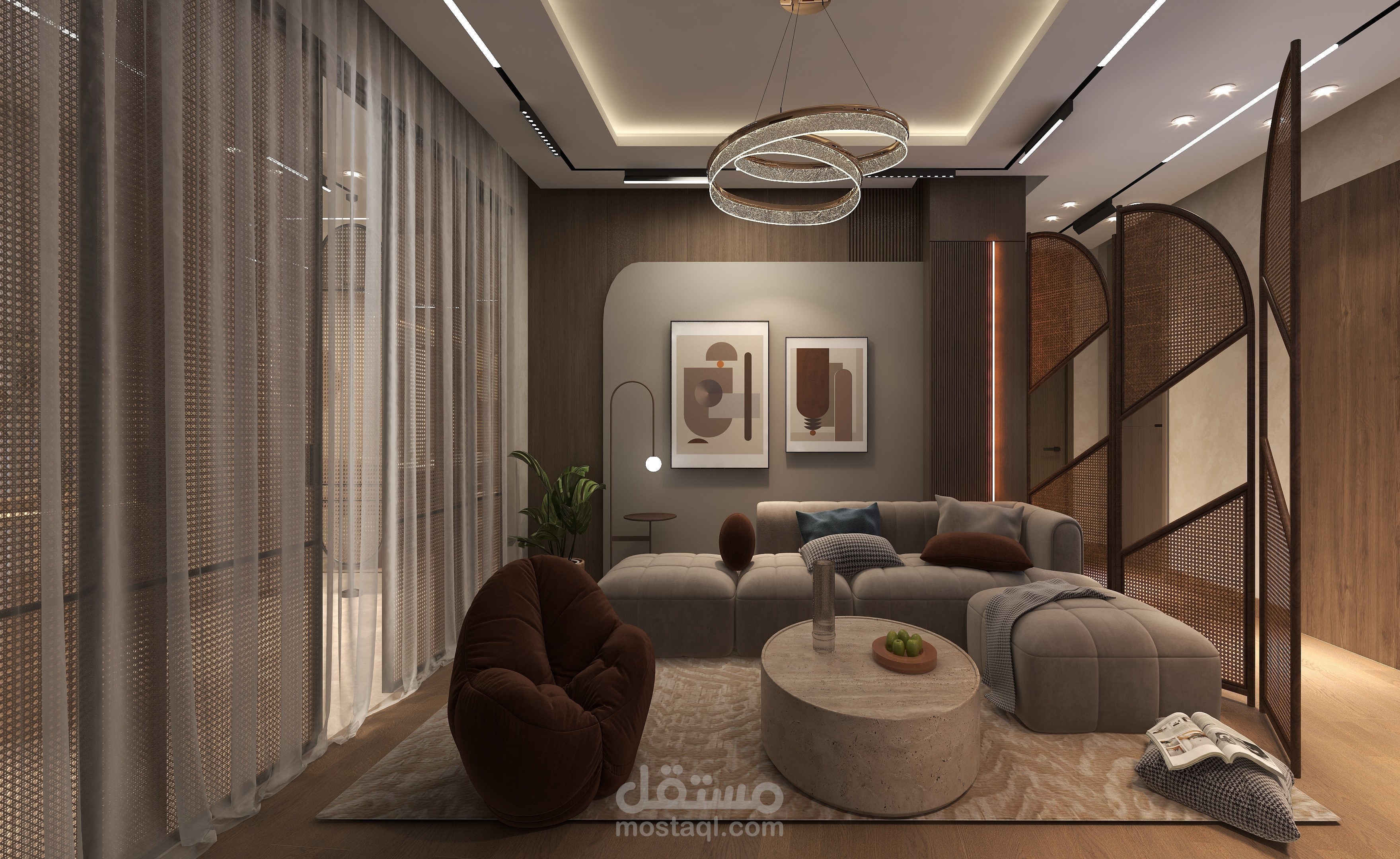 تصميم مودرن ل شقة صغيرة (غرفة معيشة - غرفة طعام - استقبال)