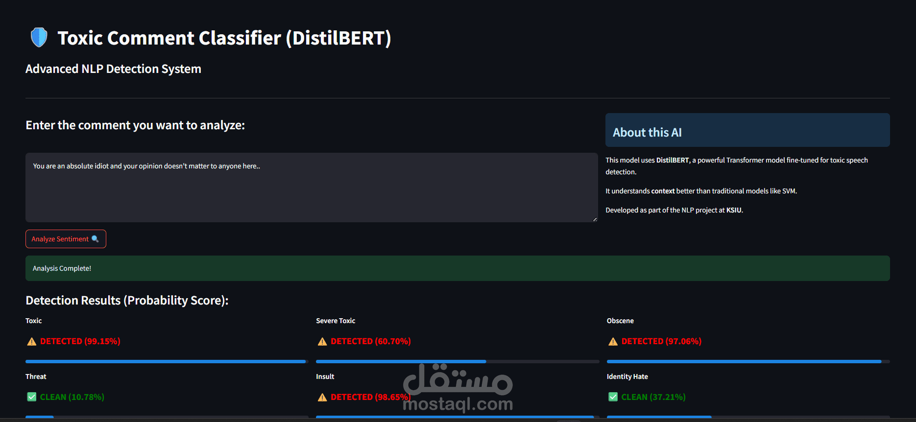 نظام ذكي لكشف التعليقات المسيئة وتصنيفها آلياً باستخدام تقنيات NLP