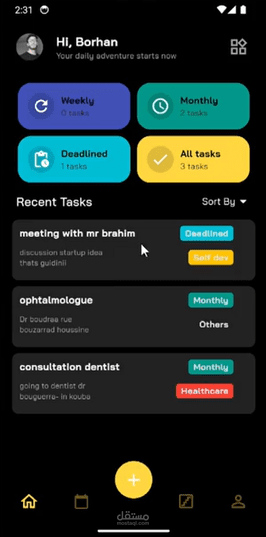 Task App – تطبيق يساعد المستخدمين على جدولة المهام وإدارتها بفعالية، مع دعم الإشعارات والتذكيرات والتقويم لضمان إنجاز كل المهام في الوقت المناسب.