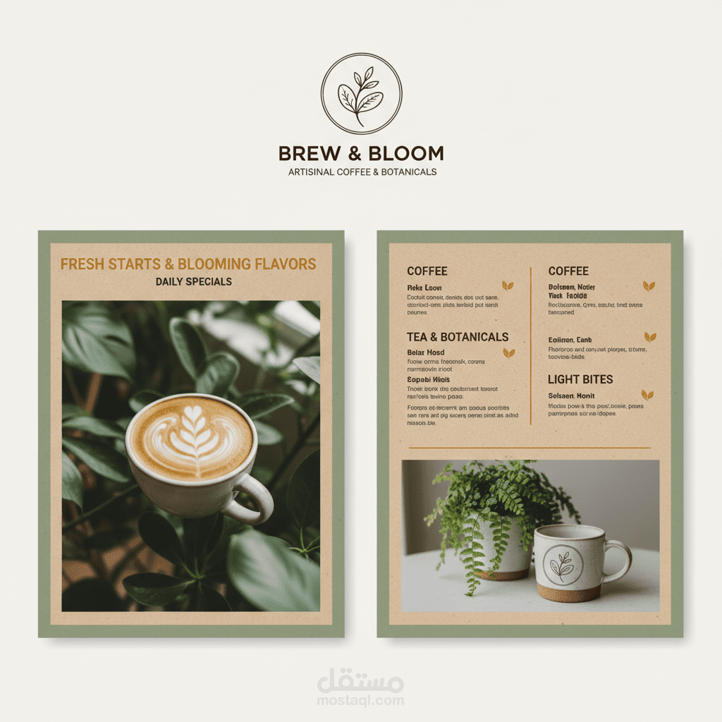 تصميم منيو وهوية بصرية لمقهى Brew & Bloom