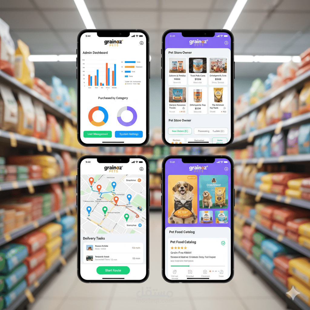 تطبيق Grainoz كامل (multi-role, pet-related e-commerce app).