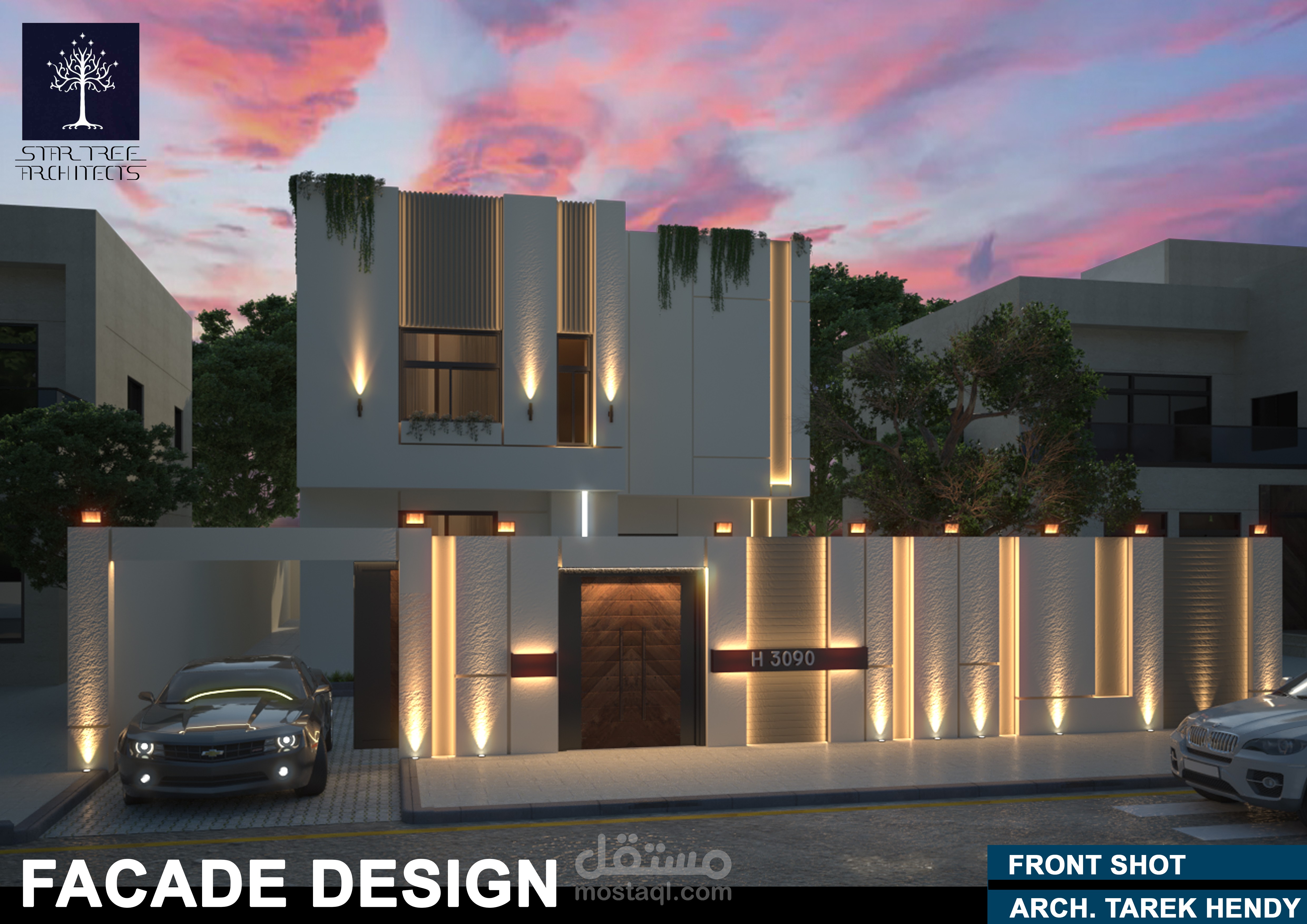 مشروع منفذ لمستقل 2025 بالمملكة العربية السعودية  - exterior 3D Design - تصميم واجهة مودرن-منيمال لفيلا خاصة PRIVATE RESIDENTIAL VILLA FACADE DESIGN -ksa