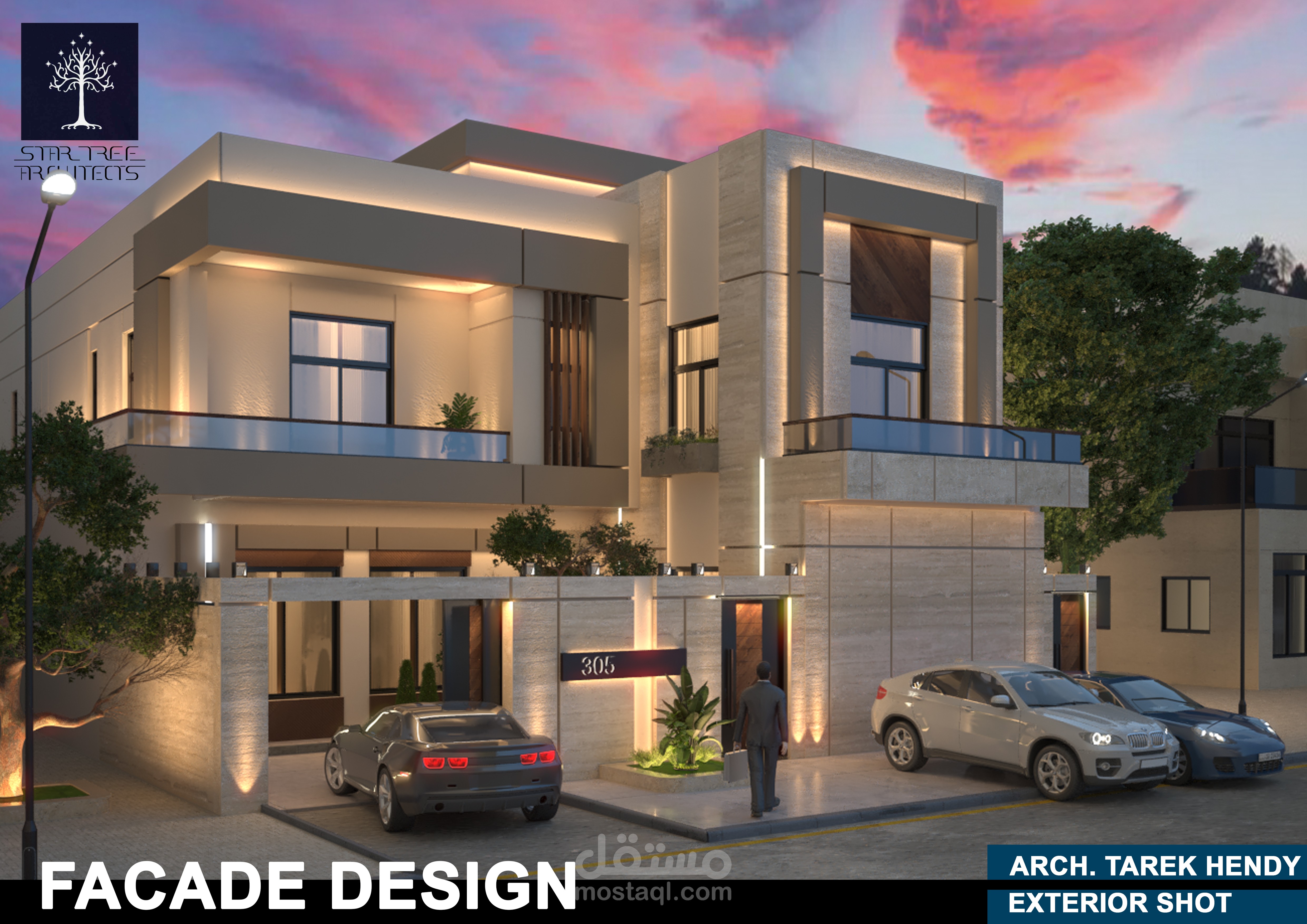 مشروع منفذ 2025 بدولة الكويت - Exterior 3D Design - تصميم واجهة مودرن- لفيلا خاصة PRIVATE RESIDENTIAL VILLA FACADE DESIGN -KUWAIT