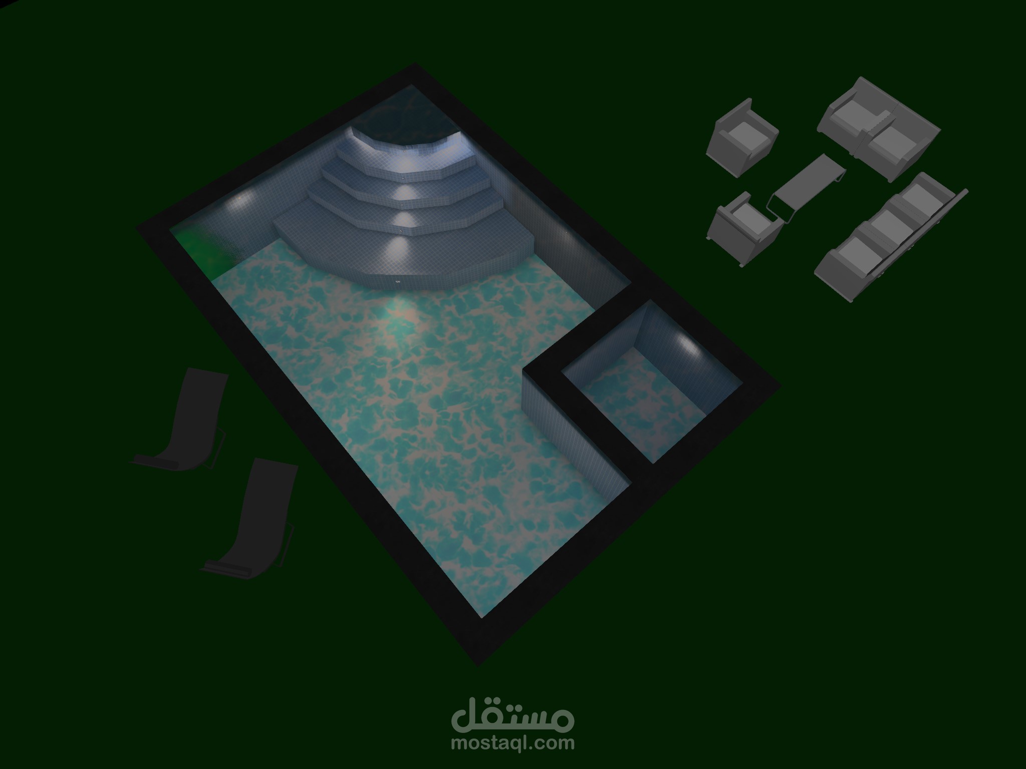 اعداد Lux Calculation  لحمام سباحة و الرسومات التصميمية للانارة وتغذية غرفة الطلمبات والفلاتر  و السخانات وجداول الاحمال