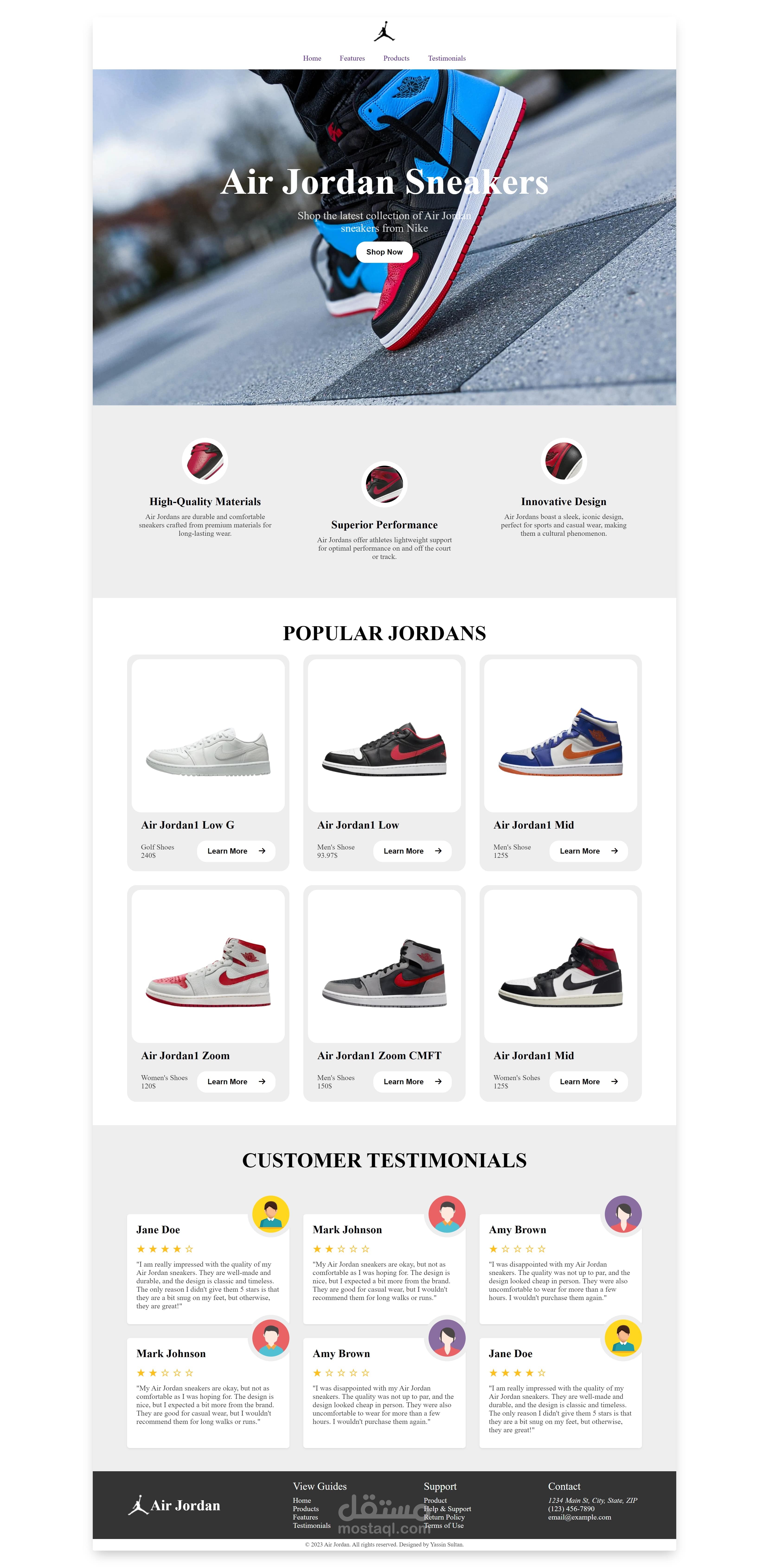 تصميم صفحة هبوط ترويجية لمنتجات Air Jordan باستخدام HTML و CSS و JavaScript و Bootstrap