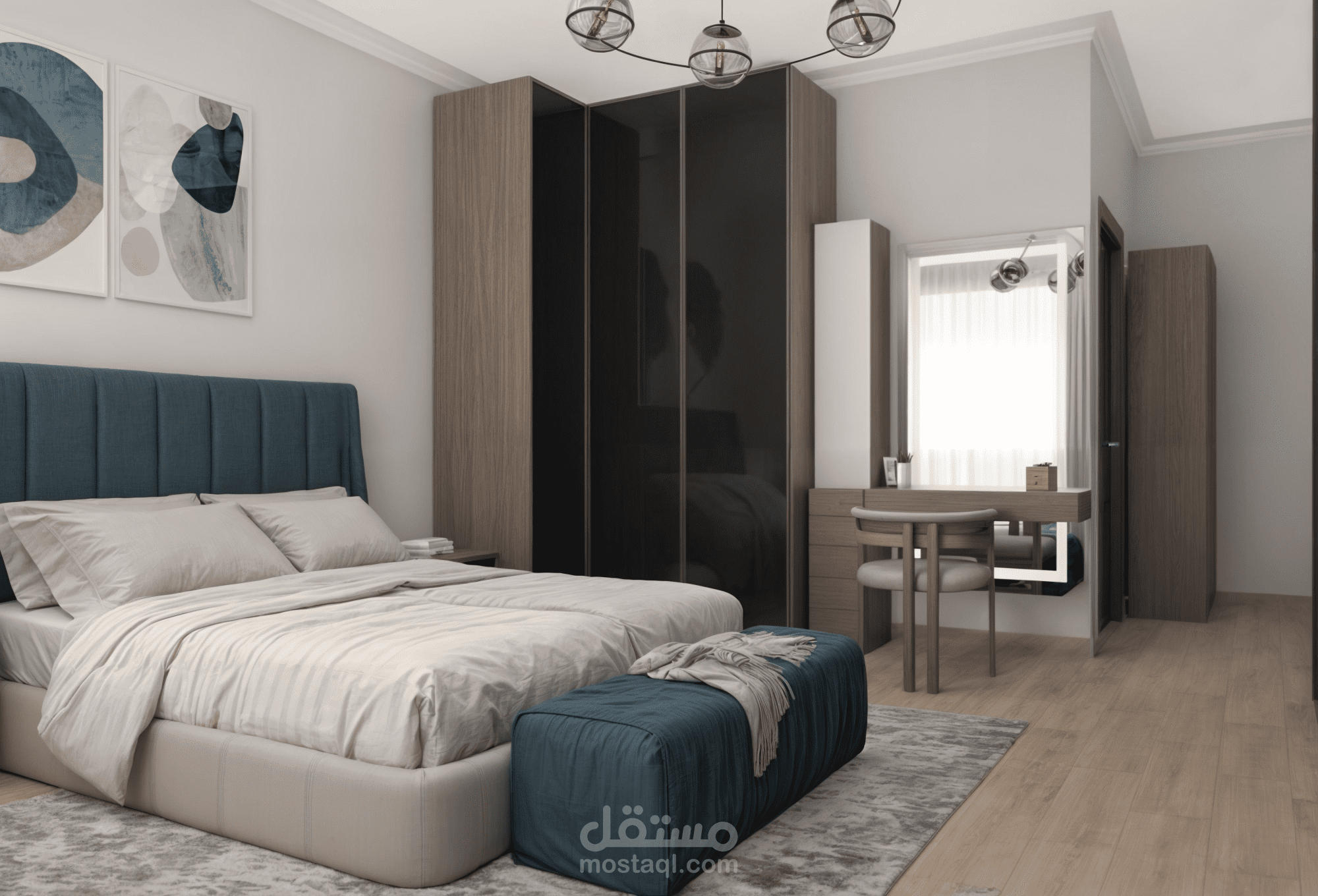 تصميم غرفة نوم رئيسية بتوزيع عملي يجمع بين الأناقة والراحة.