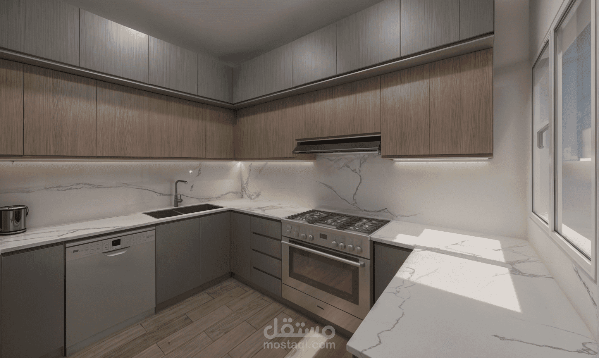 تصميم مطبخ عصري بوحدات تخزين عملية وتوزيع مثالي للمساحات مع الرسومات التنفيذية الخاصه به.