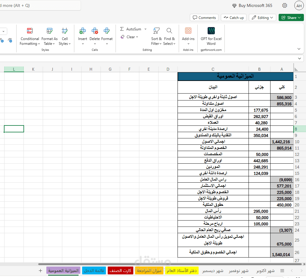 إعداد دورة محاسبية كاملة على Excel تشمل اليومية الأمريكية ودفتر الأستاذ وميزان المراجعة والميزانية