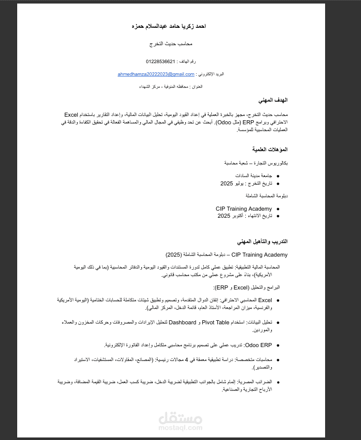 كتابة وتصميم سيرة ذاتية احترافية باللغة العربية والإنجليزية