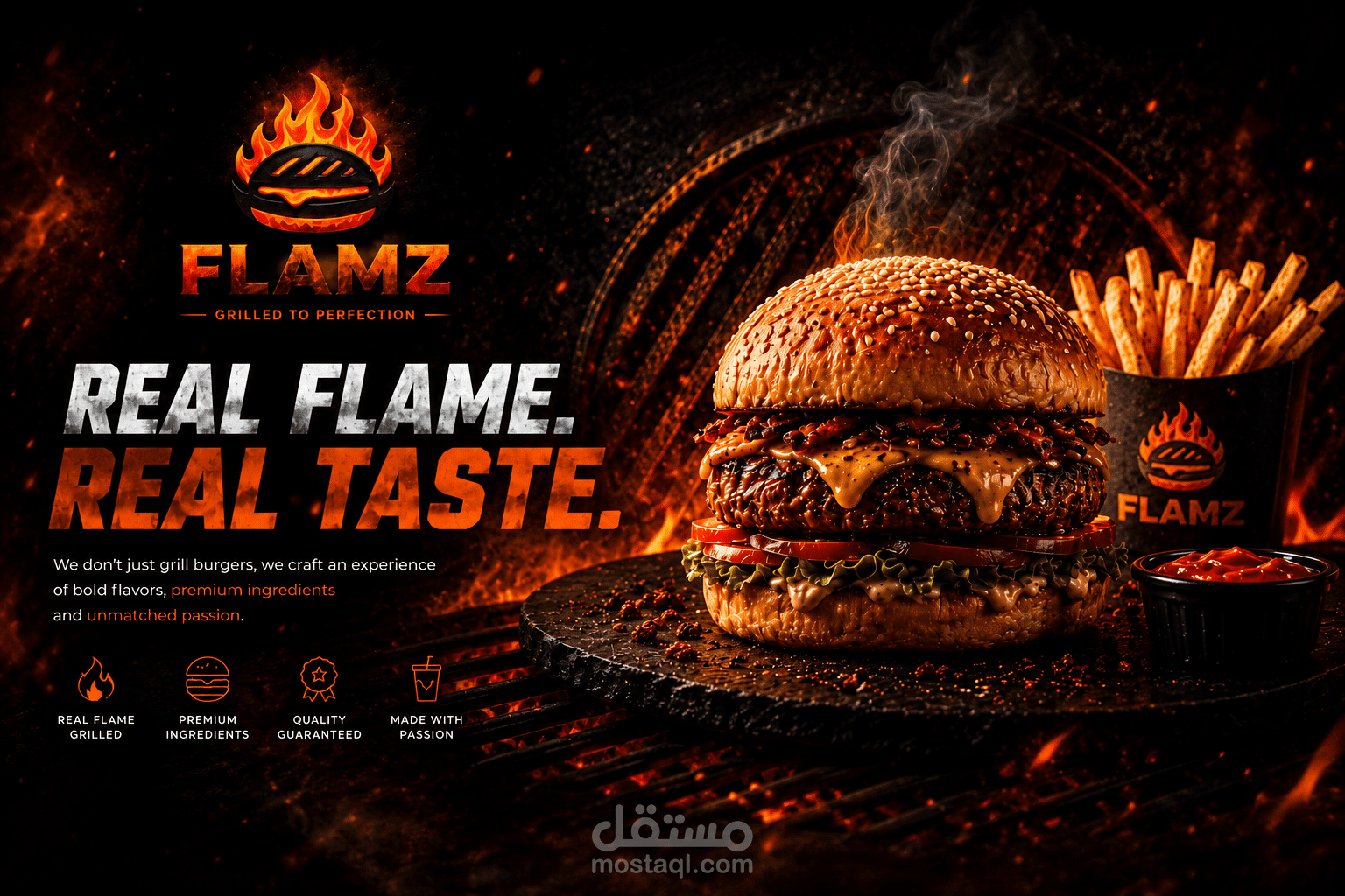 FLAMZ | هوية مطعم برجر تجذب العملاء من أول نظرة حيث يلتقي اللهب بالطعم