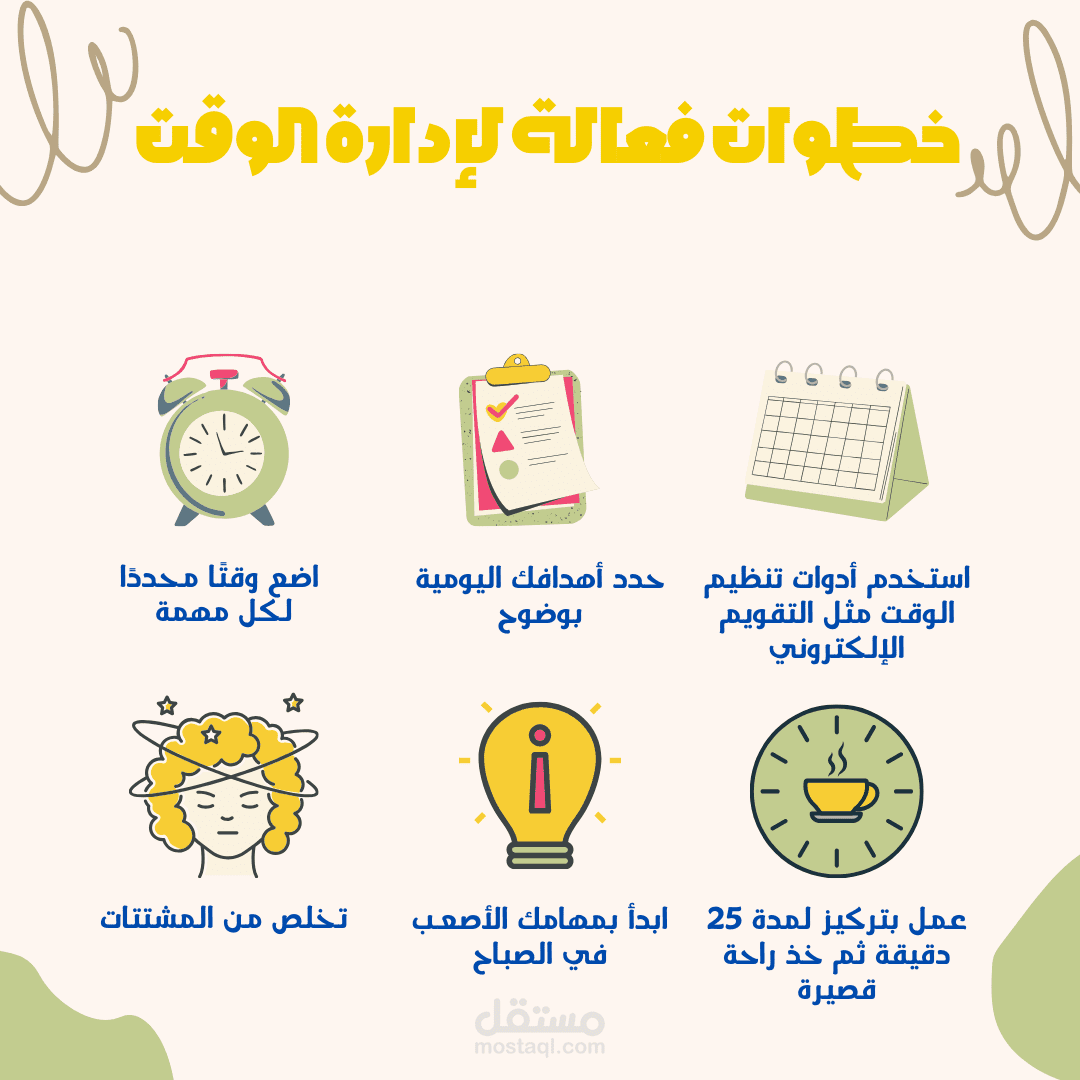 تصميم انفوجرافيك باللغة العربية عن ادارة الوقت