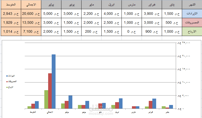 "تحليل الإيرادات والمصروفات الشهرية باستخدام Excel"