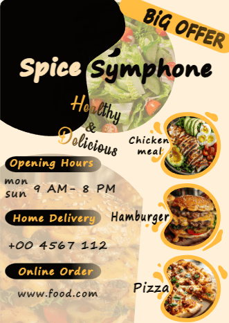 إنشاء نشرة إعلانية لمطعم spice symphone.