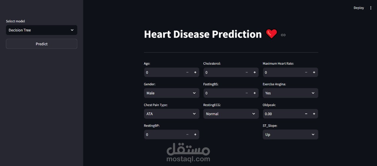 مشروع توقع أمراض القلب باستخدام تقنيات التعلم الآلي وتطوير تطبيق ويب