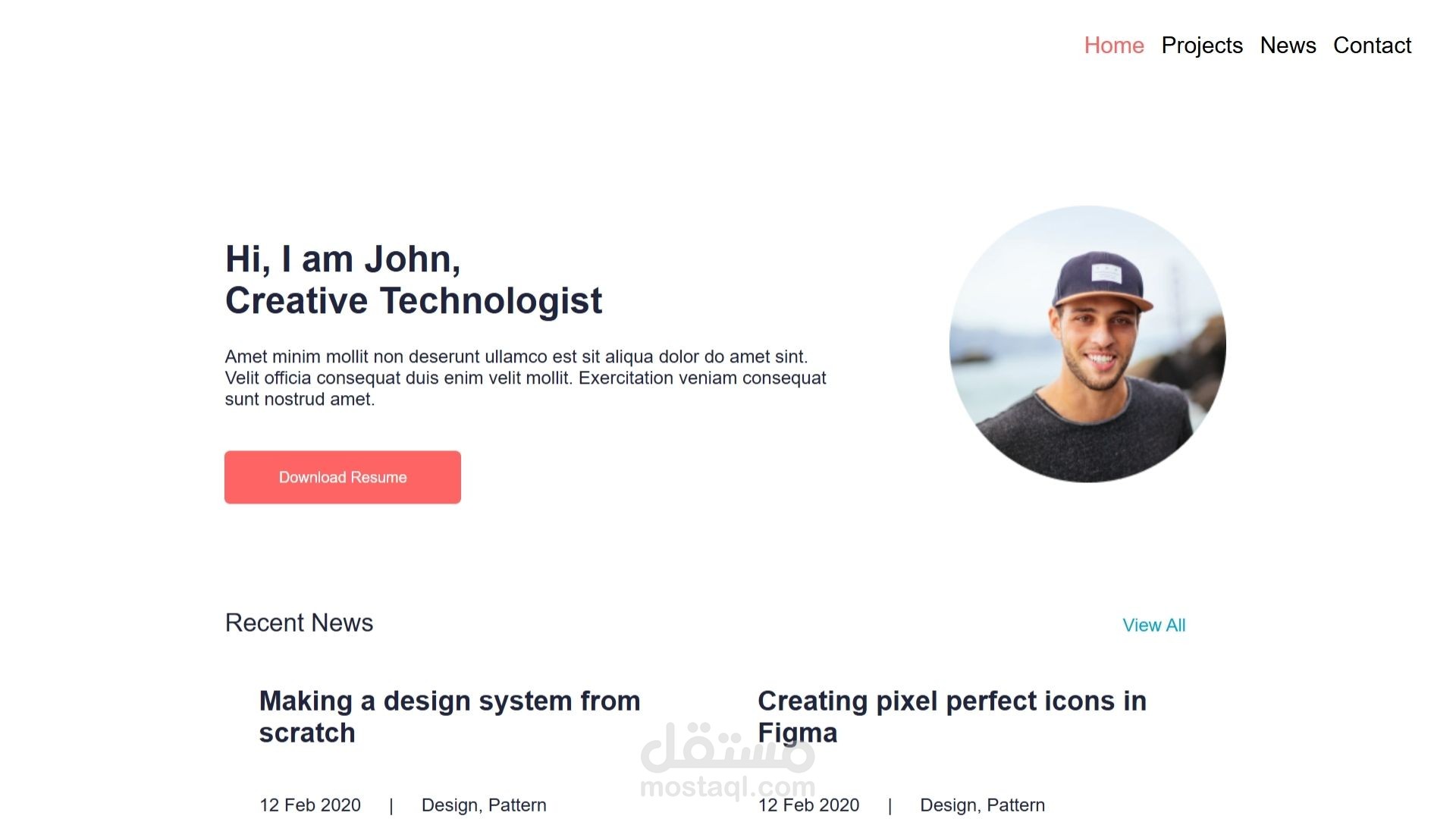 صفحة تعريفية ضمن محفظة أعمال شخصية