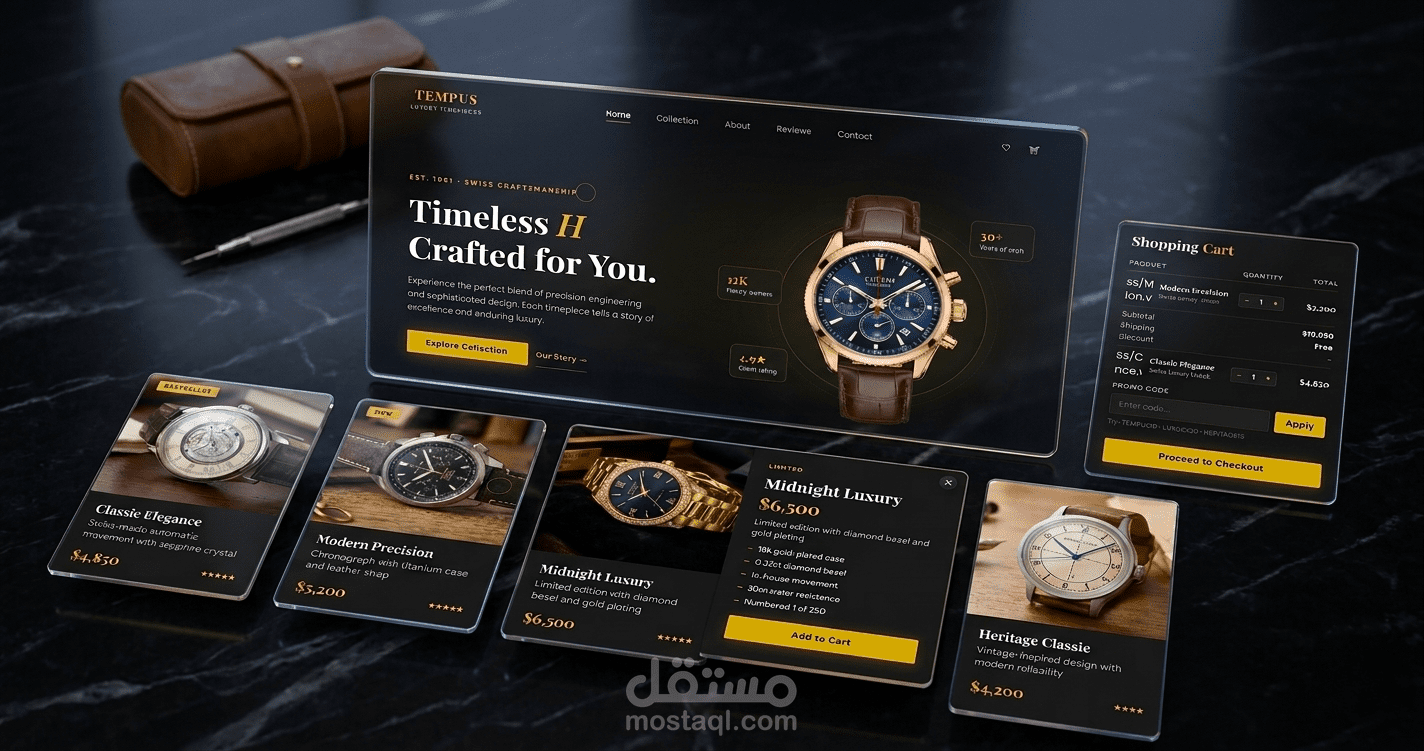 TEMPUS  — متجر إلكتروني Luxury بتصميم سينمائي داكن | Cart + Wishlist + Multi-page
