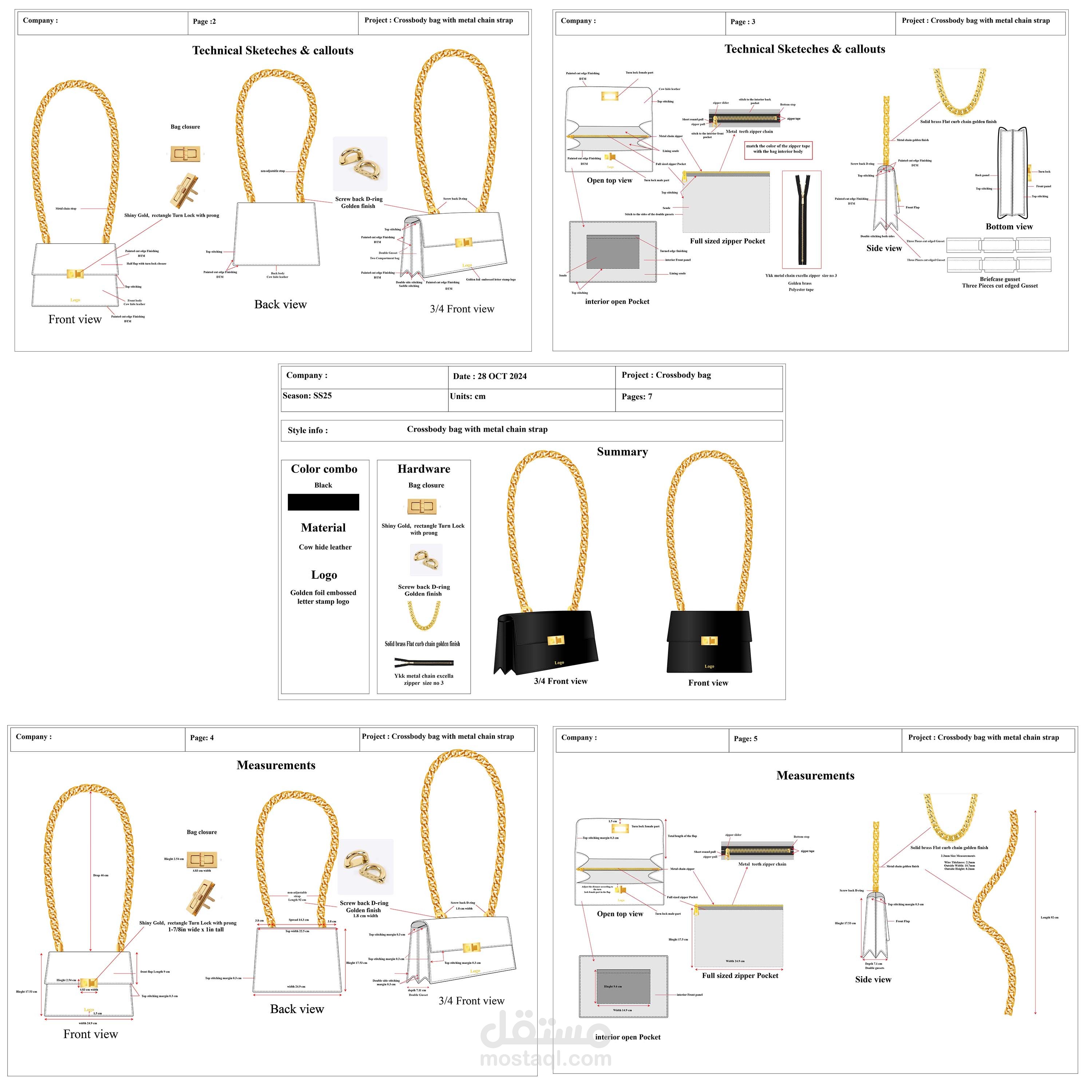 Sample of Tech pack & Flat sketches for cross body bag with  golden metal chain strap