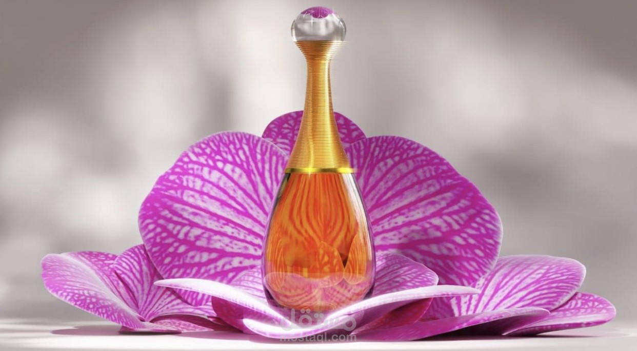 تصميم ثلاثي الأبعاد لزجاجة عطر بتنسيق أنيق وواقعي