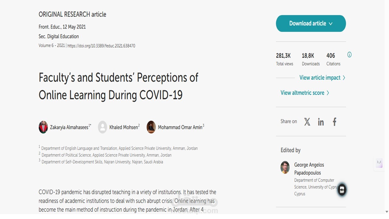 بحث علمي منشور في q3  بعنوان "Faculty’s and Students’ Perceptions of Online Learning During COVID-19