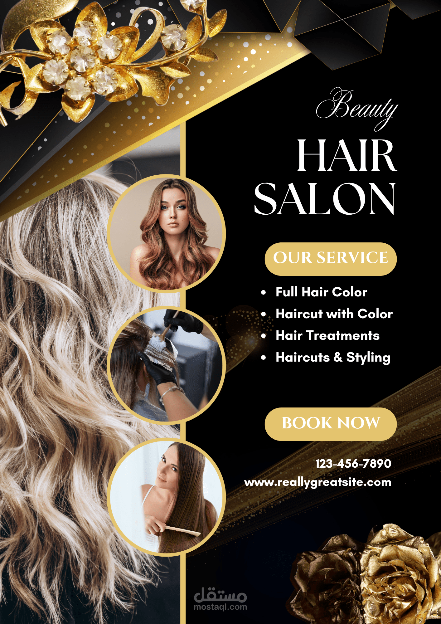 تصميم إعلاني أنيق لعلامة Beauty Hair Salon المتخصصة في العناية بالشعر