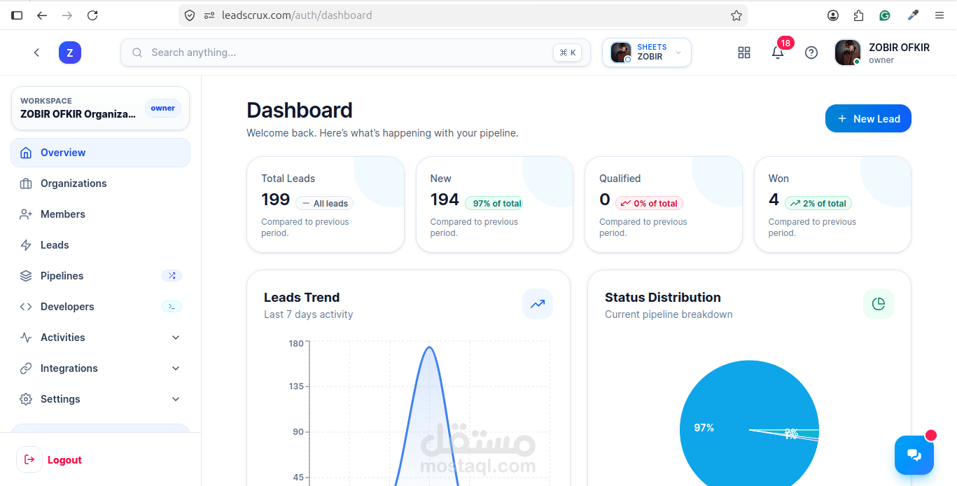 LeadsCrux - نظام SaaS متكامل لإدارة وتوزيع العملاء المحتملين (Lead Management CRM)