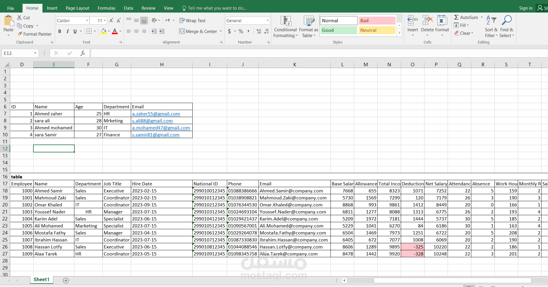 Professional Employee Performance Excel Sheet with Automatic Calculations & Conditional Formatting