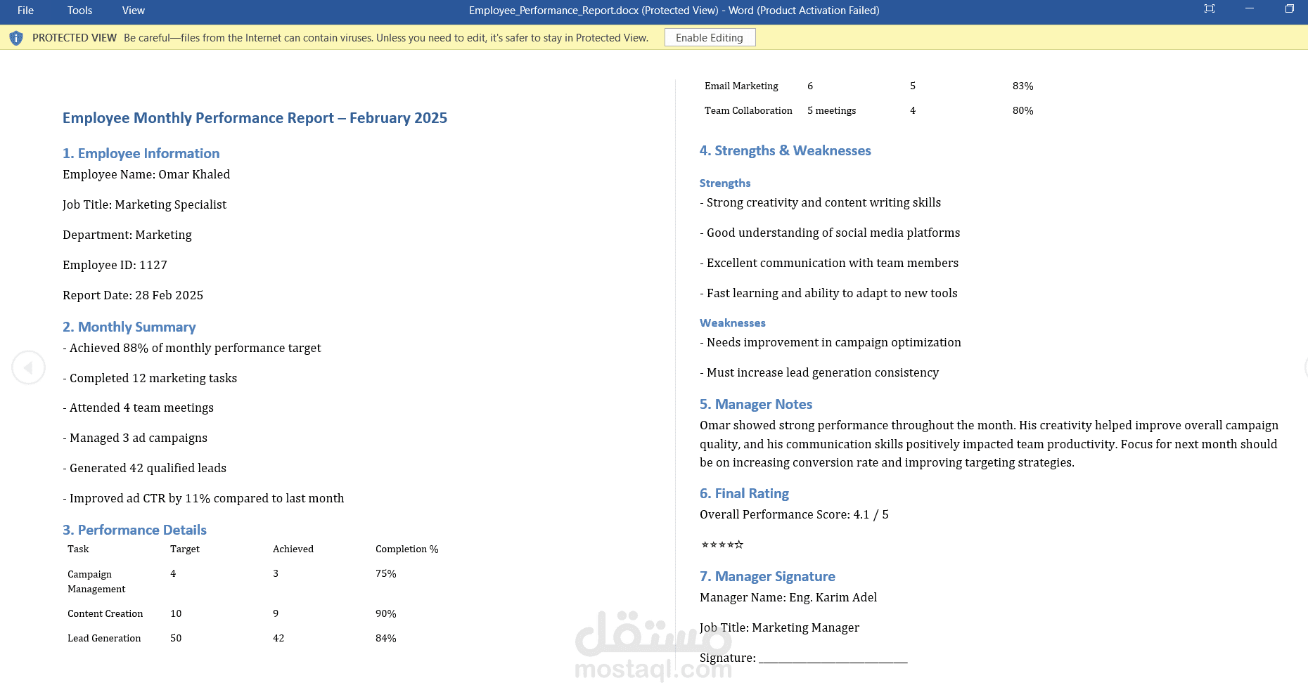 Professional Monthly Company Report – Demo Word Document