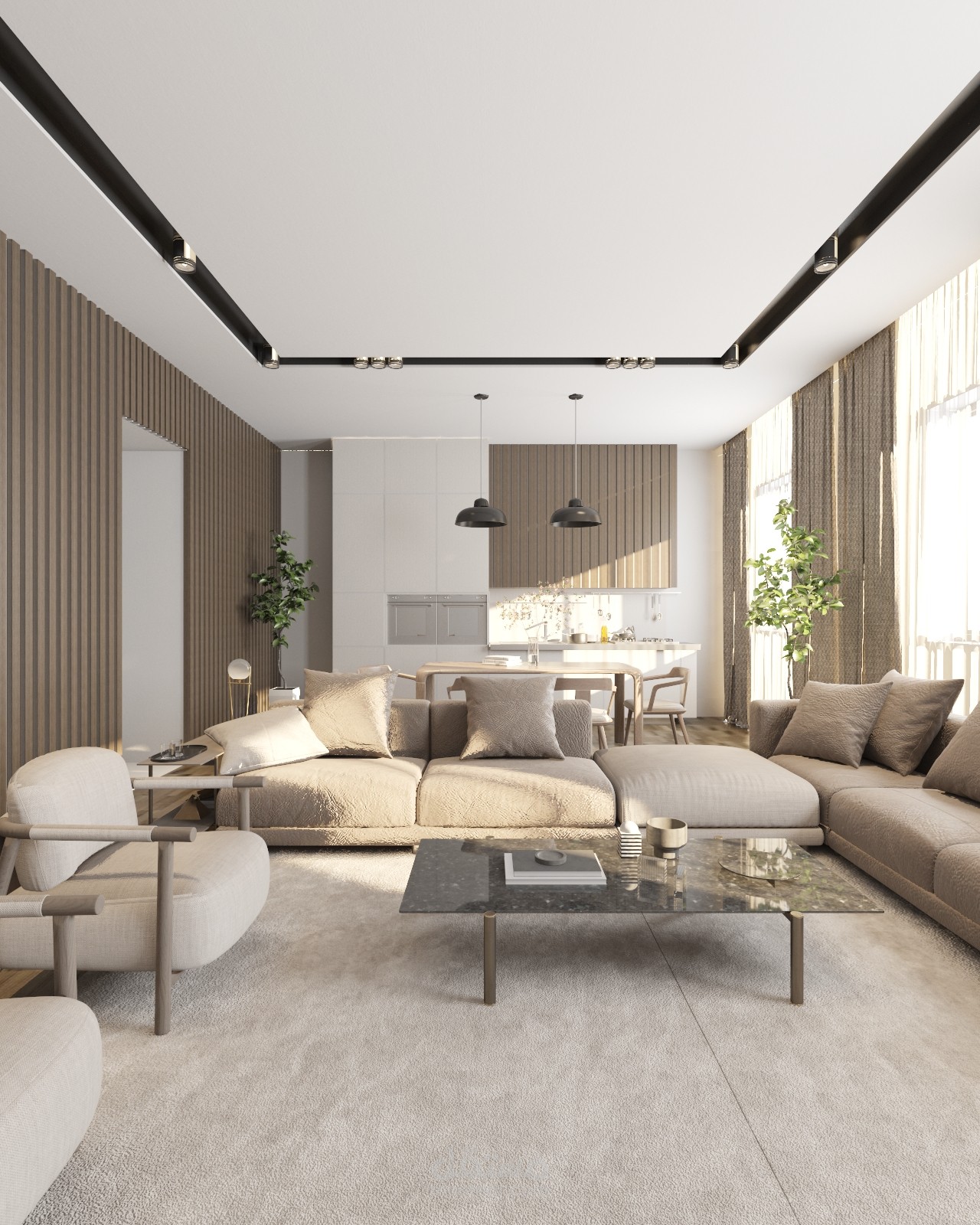 تصميم غرفة معيشة مع مطبخ مفتوح