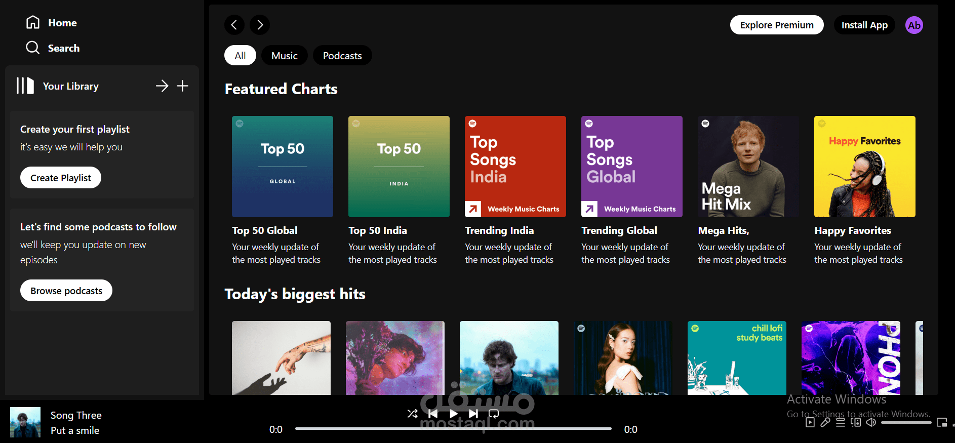 Spotify-Clone عمل تدريبي لتصميم وتنفيذ الواجهة لموقع الموسيقي الشهير سبوتيفاي والتنقل بين الموسيقي المعروضة والالبومات المختلفة باستخدام React.js framework