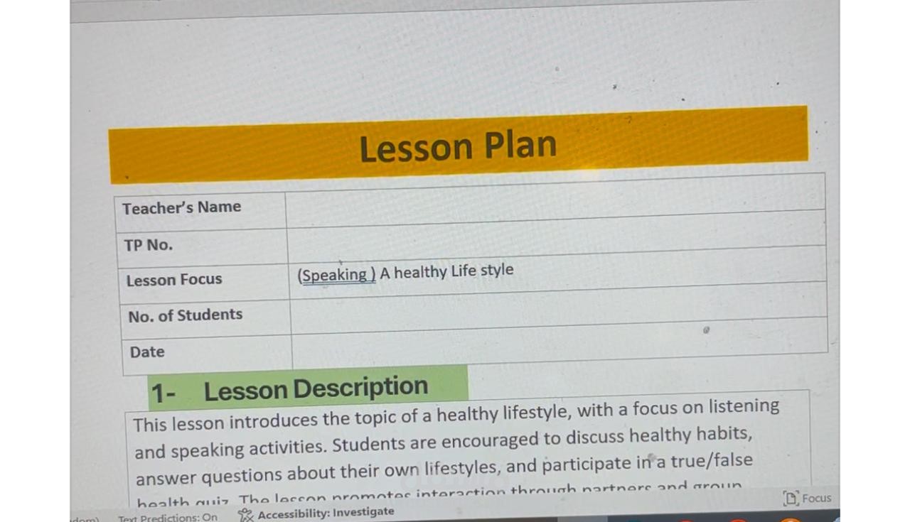 (Speaking ) A healthy Life style lesson plan خطه درس