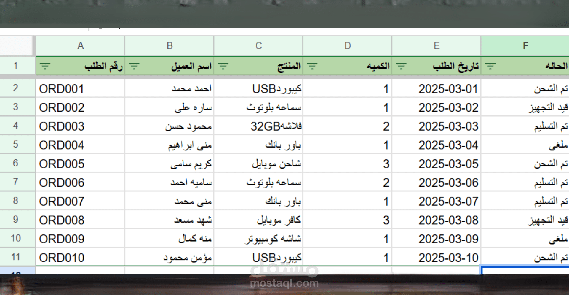 إدخال وتنظيم بيانات الطلبات على  Google Sheets