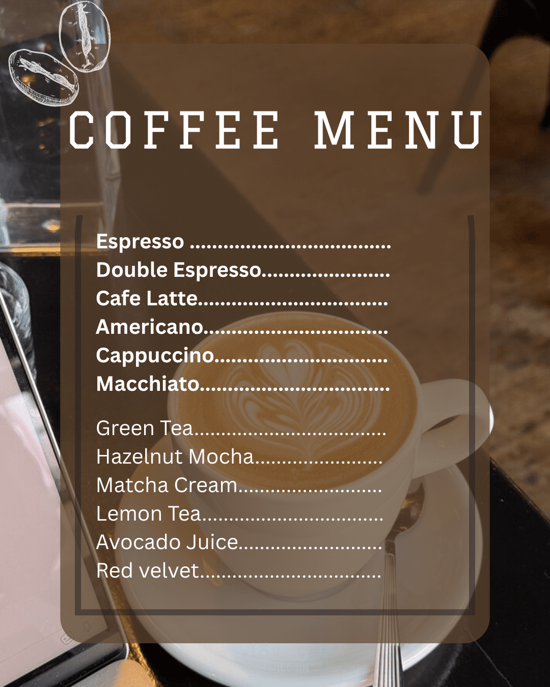 تصميم قوالب منيو للمقاهي قابل للتعديل على Canva – جاهز للطباعة والنشر على السوشيال ميديا