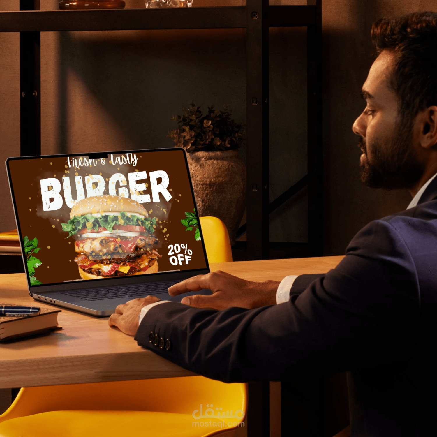 تصميم بوستر إعلاني لمطعم برجر جاهز للنشر على السوشيال ميديا.