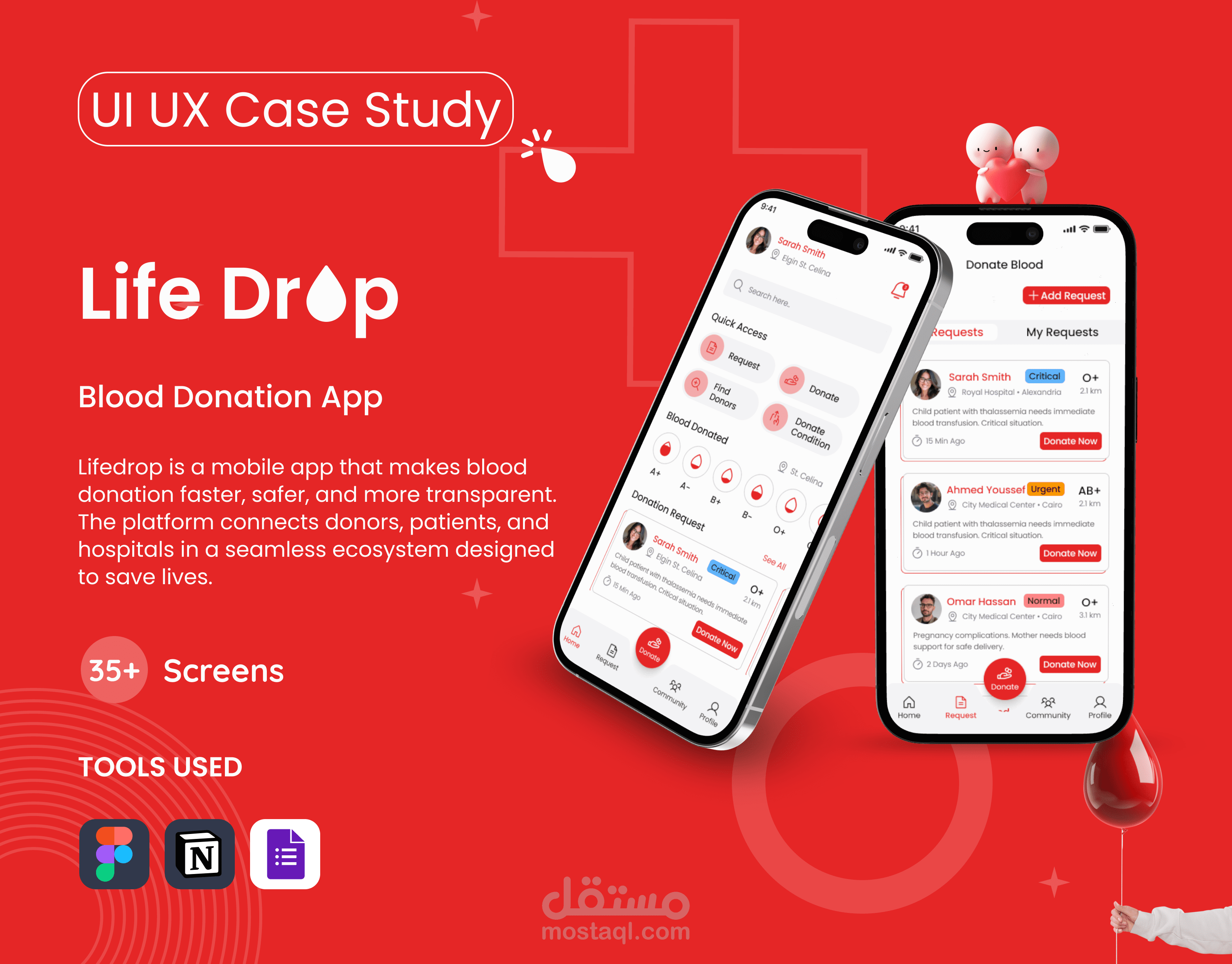 تصميم واجهات تطبيق للتبرع بالدم Life Drop