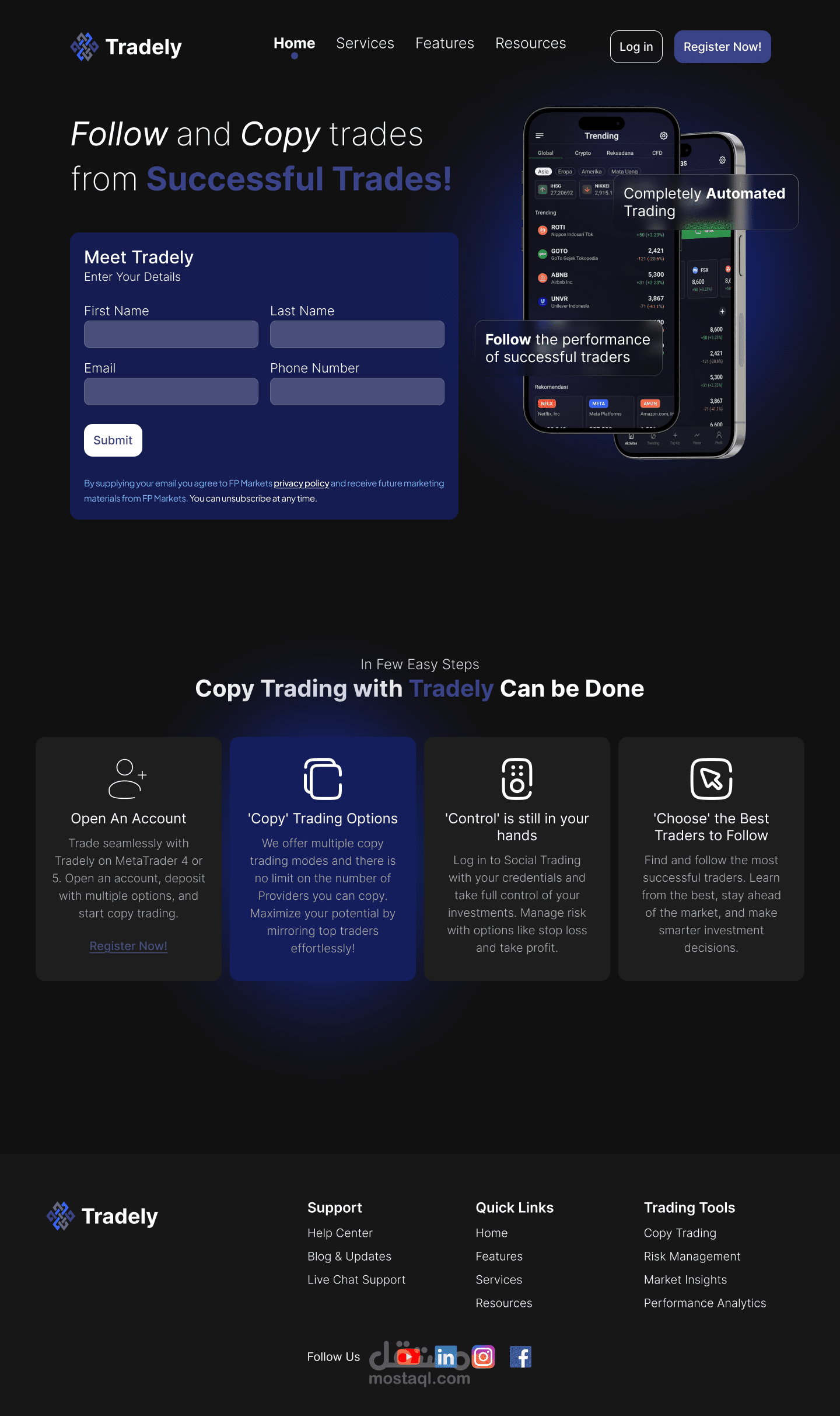 UI/UX design for Tradely app landing page